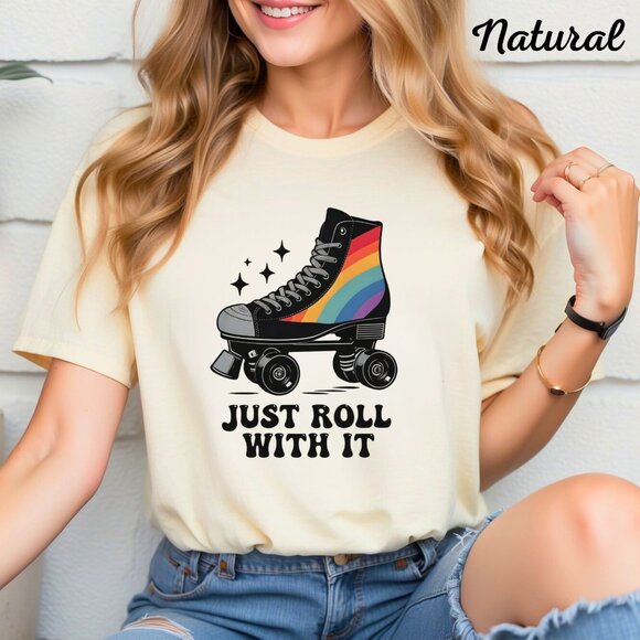Retro Rainbow Roller Skate Graphic Tee "Just Roll With It" - Natural Color - Uni - Picture 1 of 1
